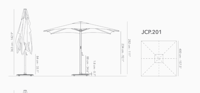 Caractère JCP.2 Series Parasol 400x400cm met parasolvoet op wielen en beschermhoes