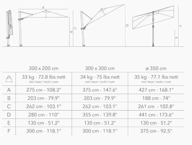 Antego Parasol 300x300cm van Jardinico met parasolvoet op wielen en beschermhoes